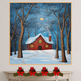 Cozy Red House in Snowy Forest at Night with Glowing Windows, Moonlit Sky, and Tall Trees Covered in Falling Snow on Ready to Hang 1.5" Thick Canvas Wrap, Floating Framed Canvas, Flat Rolled Canvas